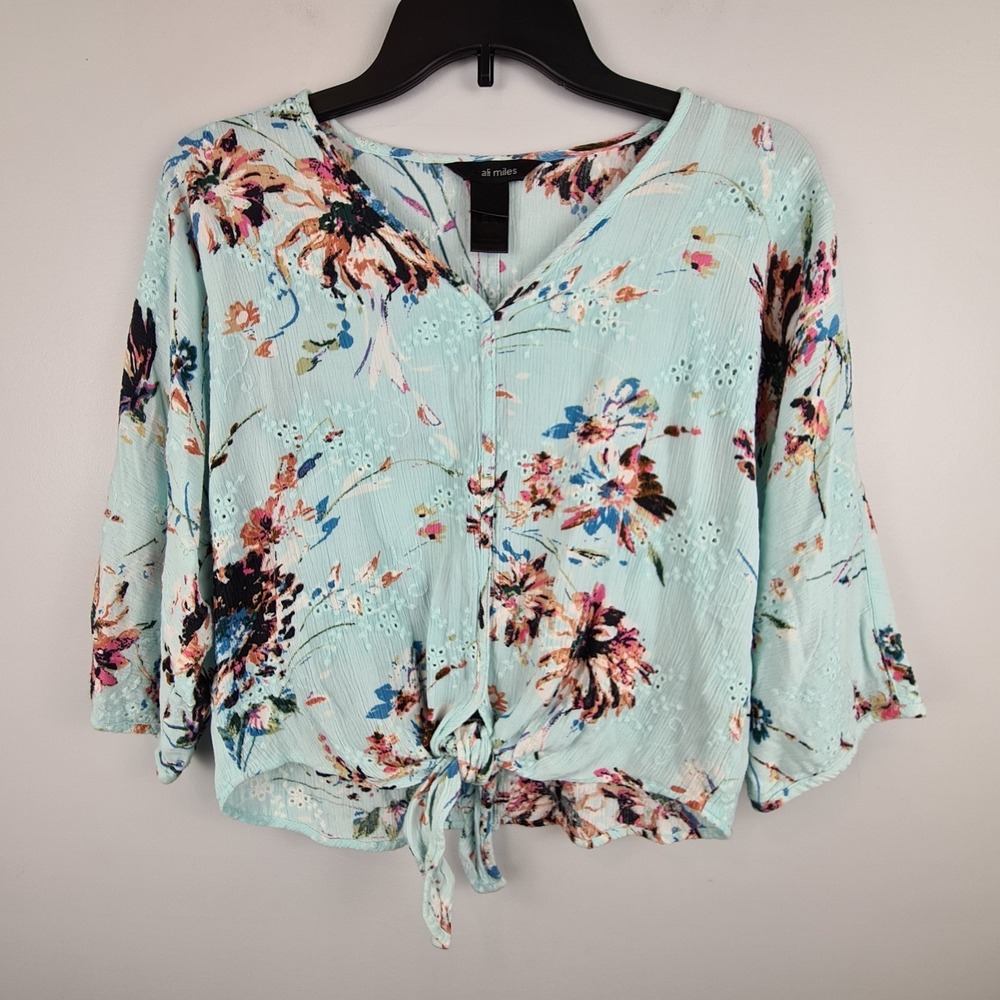 Ali Miles Women's Floral Blouse Knot Tie Front Small Top Mint Blue 3/4‎ Sleeve